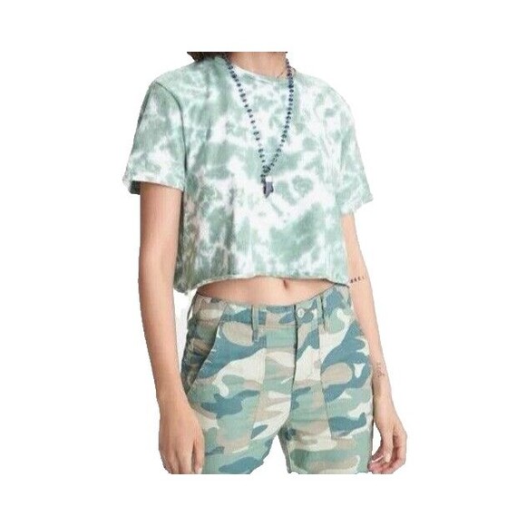 MOTHER  Denim M The Slouch Cutoff Tie Dye Green Tee Shirt raw hem - Picture 1 of 11